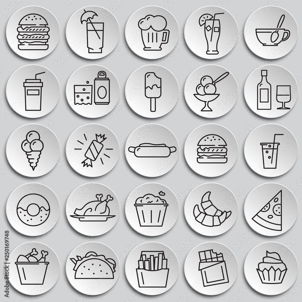 Fastfood outline icons set on plates background for graphic and web design, Modern simple vector sign. Internet concept. Trendy symbol for website design web button or mobile app
