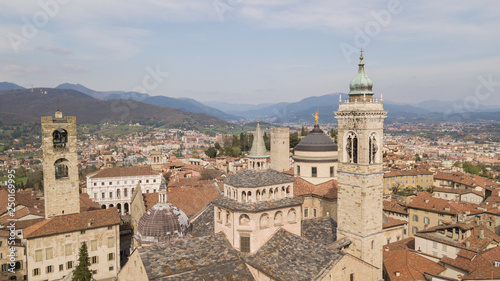 Bergamo, Italy. Drone aerial view of the old town. Landscape at the city center, its historical buildings, churches and towers