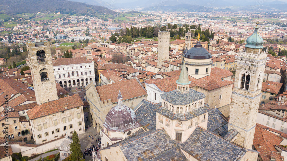 Bergamo, Italy. Drone aerial view of the old town. Landscape at the city center, its historical buildings, churches and towers