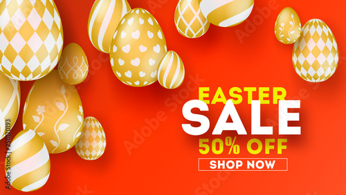 Easter sale, special holiday offer. Set of hand painted Easter golden eggs on red background. Three-dimensional vector illustration for festive discount actions. Get up to 50 percent off