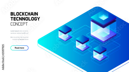 Blockchain technology concept, internet connection, futuristic server room, isometric vector illustration