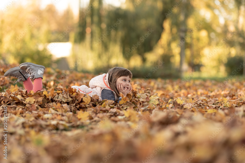 Little girl portrait in the park and autumn leaves Little girl portrait in the park and autumn leaves