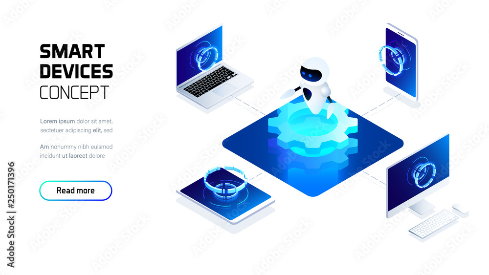 Artificial intelligence robot, machine learning industry conception, futuristic isometric illustration of smart things