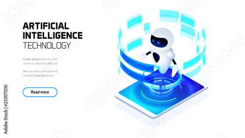 Artificial intelligence robot, machine learning industry conception, futuristic isometric illustration of smart things