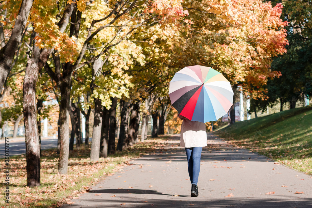 Girl standing back with colorful umbrella on the road in park in fall with yellow and red trees on the sides, sunny autumn day, bright light