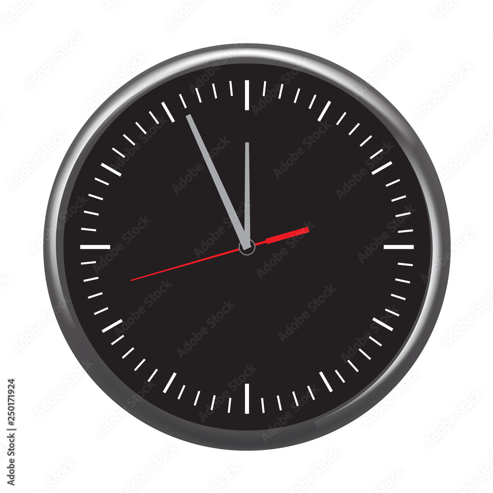 Black wall office clock icon set showing five minutes to twelve. Vector illustration. Black wall office clock icon set showing five minutes to twelve. Vector illustration.