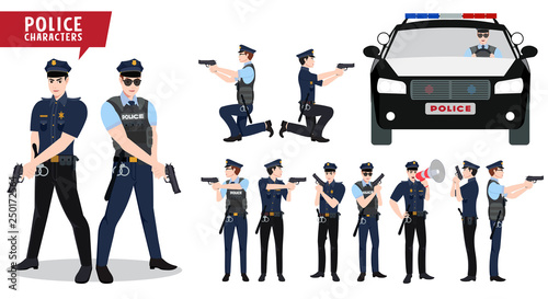 Policeman and police car vector character set. Law enforcers characters holding gun with various postures for shooting with patrol car. Vector illustration.