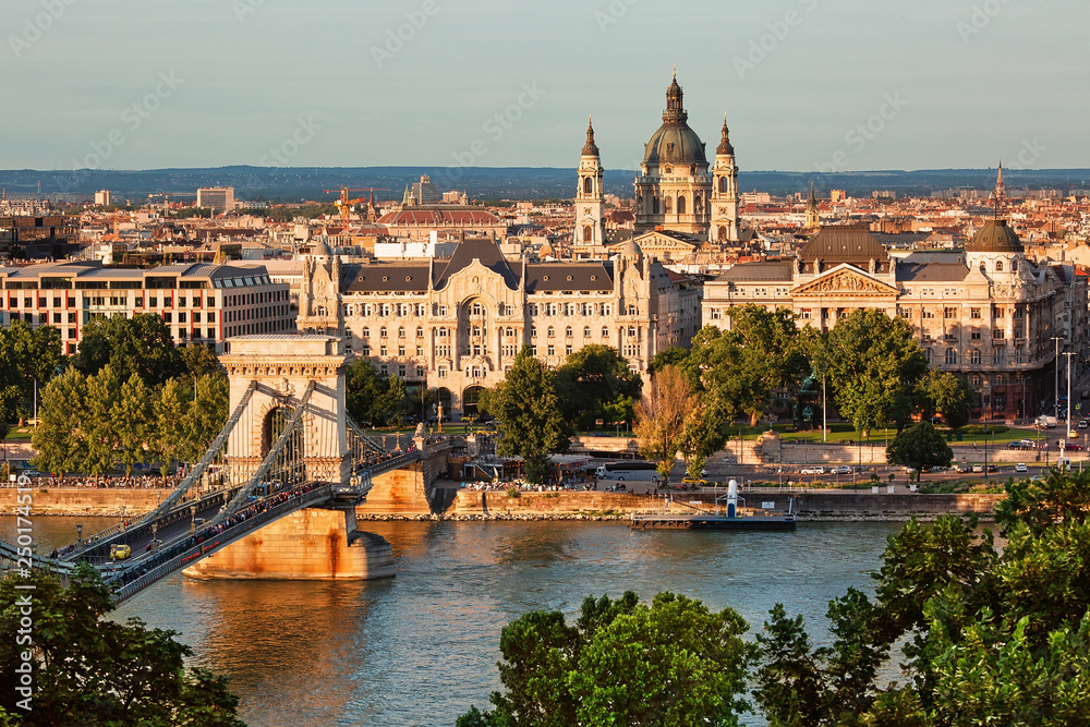 View to Budapest city center across Danube, beautiful cityscape at sunset