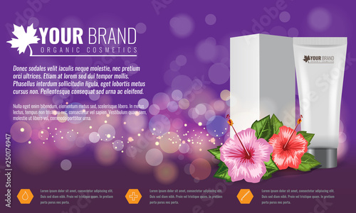 Beautiful hydrating facial cream cosmetic ads template with tropical flower and leaf. Vector illustration.
