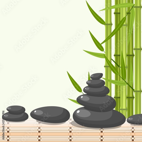 Bamboo and stones - spa background with place for your text. Vector illustration in flat style