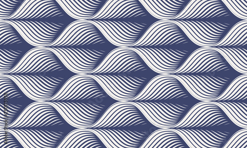 Geometric vector pattern, repeating tile texture decumbent scale of fish or fish squama shapes or leaves petal motif, single color with dark blue and white. Pattern is clean usable for wallpaper