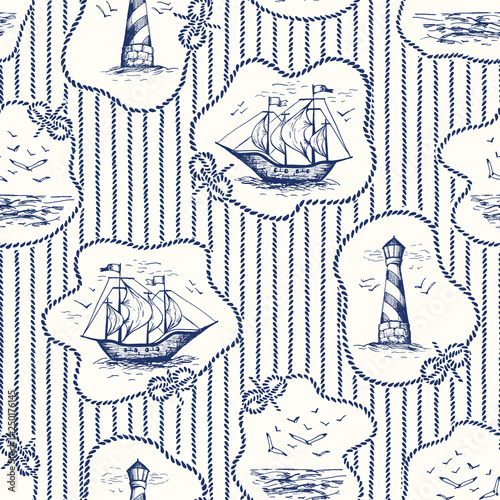 Vintage Hand-Drawn Rope Frames, Stripes Toile De Jouy Vector Seamless Pattern with Lighthouse, Seagulls Scenery, Ships