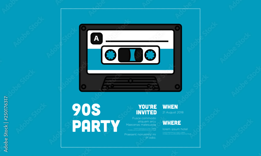 Fototapeta premium 90s Party Cassette Invitation Design with Where and When Details