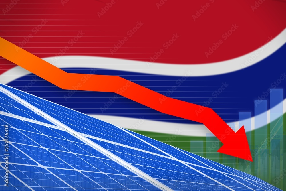 Fototapeta premium Gambia solar energy power lowering chart, arrow down - green natural energy industrial illustration. 3D Illustration