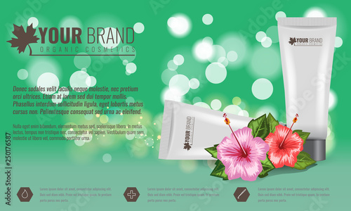 Beautiful hydrating facial cream cosmetic ads template with tropical flower and leaf. Vector illustration.