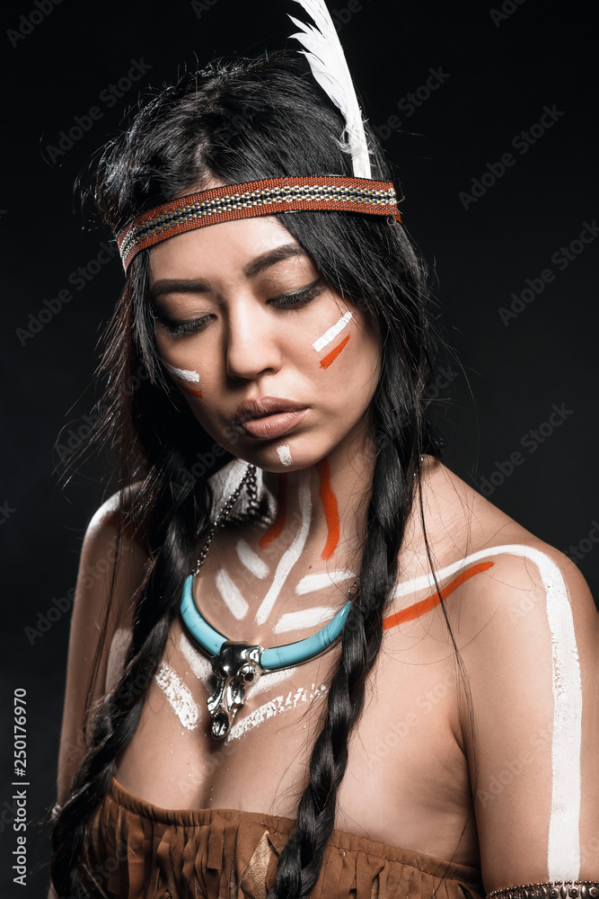 Native american Indian sexy girl with traditional make up and headdress  with smoke background Stock Photo | Adobe Stock