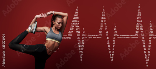 Sport is my religion. Sportswoman standing over red background, stretching her body. Graphic drawing.