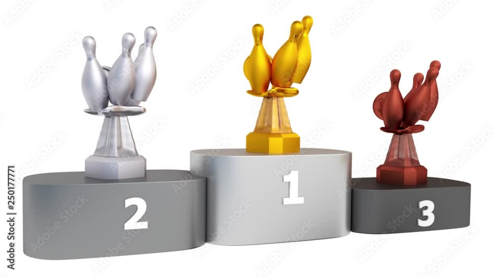 View of Bowling Gold Silver and Bronze Trophies in Infinite Rotation on Podium View of Bowling Gold Silver and Bronze Trophies in Infinite Rotation on Podium
