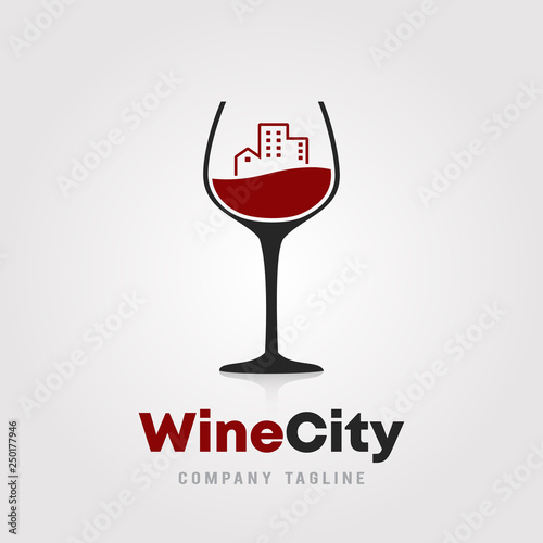 Wine City logo template design.  A glass of wine with city building icon on white background vector illustration for wineries, bar and restaurants.