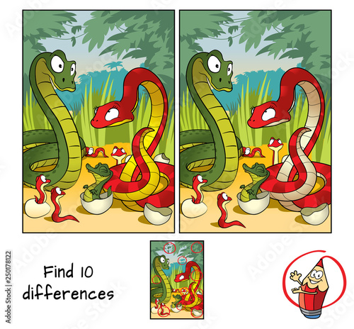 Family of snakes. Find 10 differences. Educational matching game for children. Cartoon vector illustration