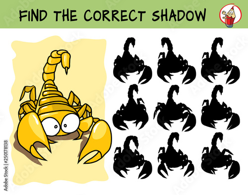 Scorpio. Find the correct shadow. Educational matching game for children. Cartoon vector illustration