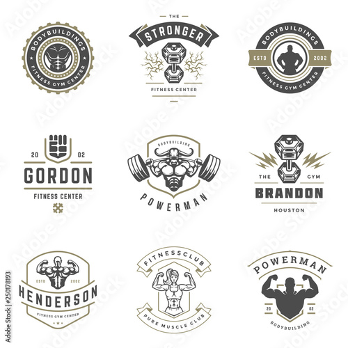 Fitness center and sport gym logos and badges design set vector illustration.
