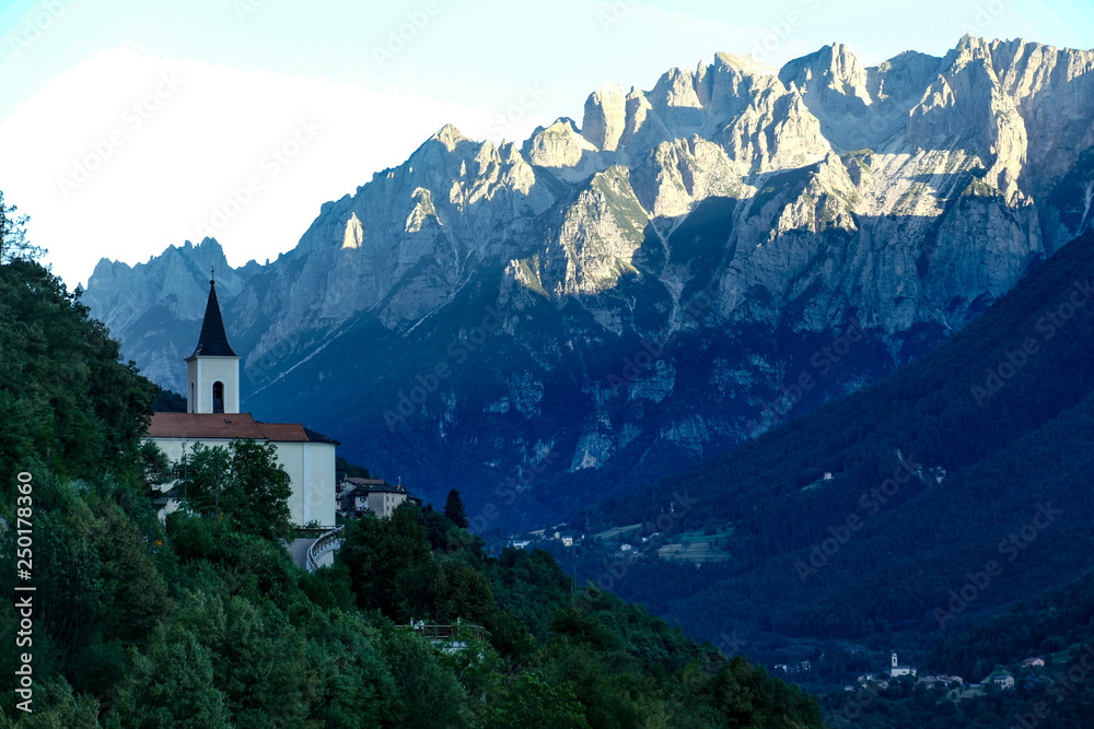 Vallarasa, road SS46. Dolomiti mountains, Italy,  Church