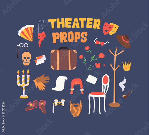 Flat vector illustration of theater props.  Dramatic theater things. Color simple icon set. Concept of artistic properties for playing on the stage.
