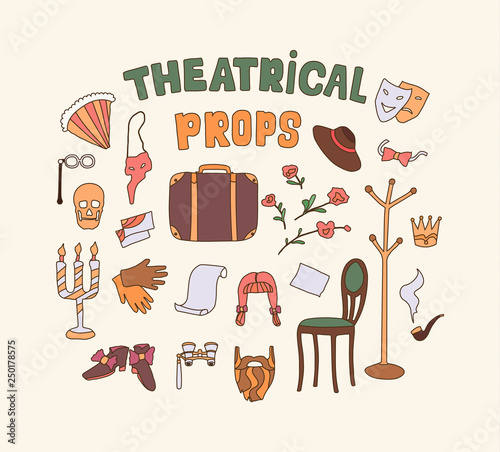 Flat vector illustration of theater props.  Dramatic theater things. Color simple icon set. Concept of artistic properties for playing on the stage. 