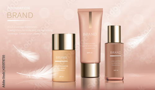Cosmetic realistic vector ads banner with foundation for perfect makeup, decorative cosmetics. Colorstay foundation of various shades in bottle with brand labels and white feathers for glossy magazine