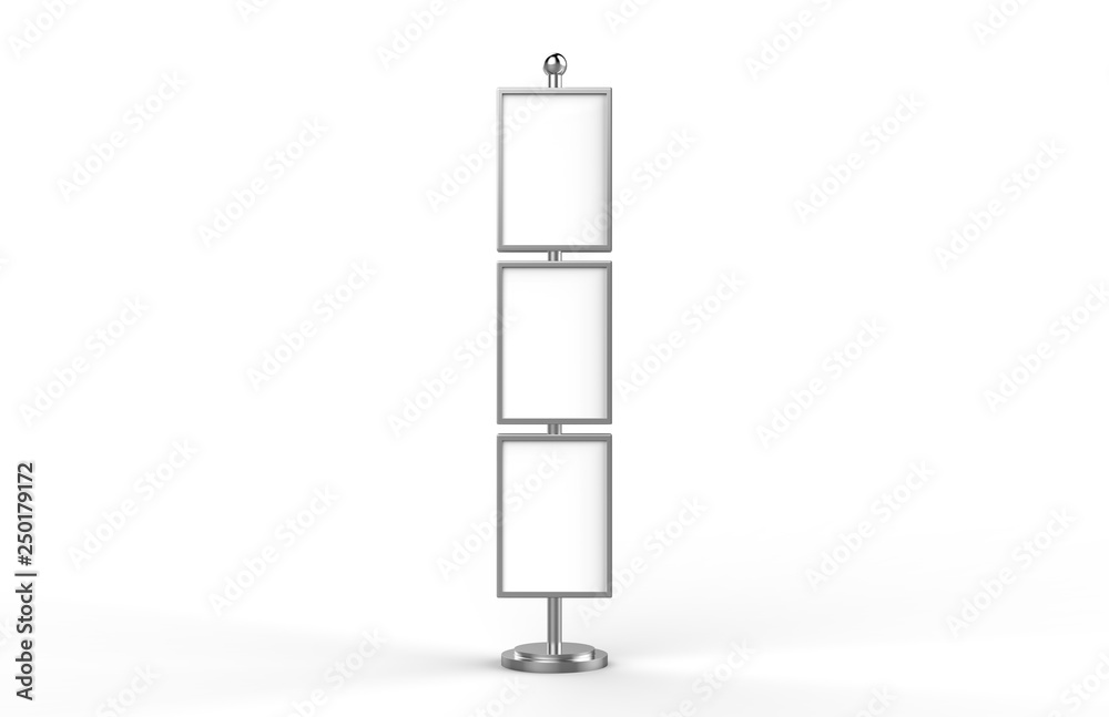 Poster stand takes multiple A2, A3, A4, A5 posters on a tall stand, mock up template for retail displays in stores as a shop poster stand, 3d illustration Poster stand takes multiple A2, A3, A4, A5 posters on a tall stand, mock up template for retail displays in stores as a shop poster stand, 3d illustration