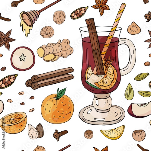 Seamless pattern with mulled wine, fruites and spices