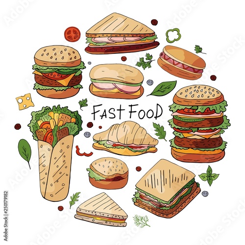 Hand drawn vector set of different types of burgers, sandwiches and hot dogs isolated on white background