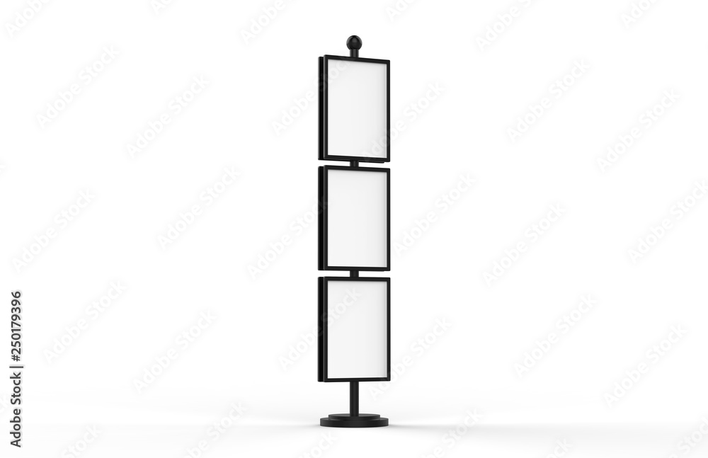 Poster stand takes multiple A2, A3, A4, A5 posters on a tall stand, mock up template for retail displays in stores as a shop poster stand, 3d illustration Poster stand takes multiple A2, A3, A4, A5 posters on a tall stand, mock up template for retail displays in stores as a shop poster stand, 3d illustration