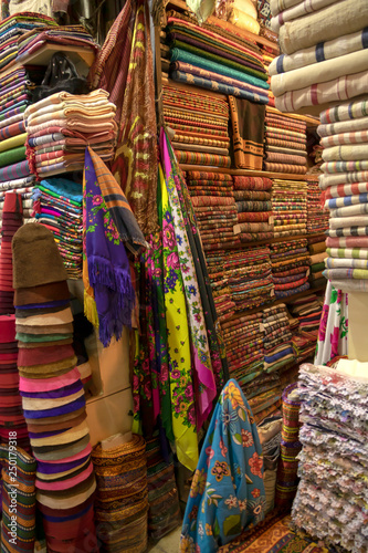Colorful fabrics at the Grand Bazaar, Istanbul, Turkey