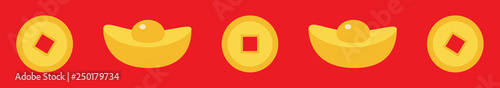 Chinese gold ingot coin line set. China money square centre. Golden with hole. Happy New Year symbol atribute. Red background. Isolated. Flat design.