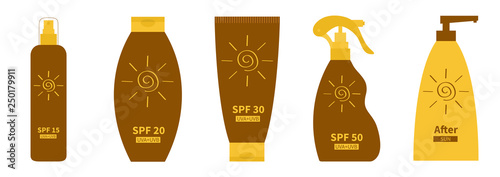 Tube of suntan oil cream icon set line. After sun lotion. Bottle set. Solar defence icon. SPF 15 20 30 50 sun protection factor. UVA UVB sunscreen. White background. Flat design.