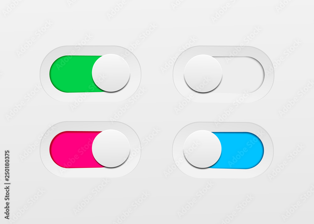 On and Off toggle switch buttons. Material design switch buttons set. On and Off toggle switch buttons. Material design switch buttons set.
