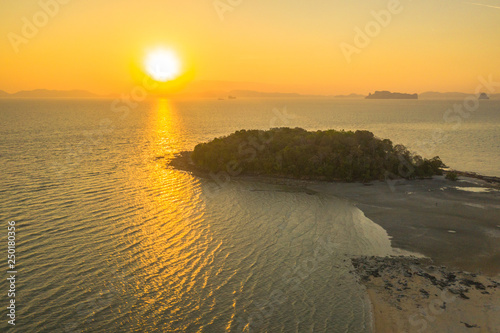 aerial view sunset Kwang island is in the middle of Kwang beach Krabi Thailand when low tide can walk to Kwang island Kwang is mean deer.