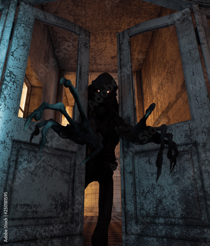 Creepy monster in a haunted house,3d rendering