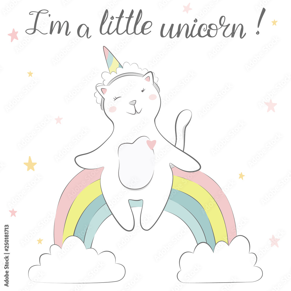Cute kitty unicorn. Little cat girl sitting on the rainbow.