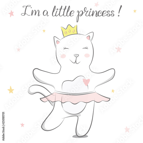Cute baby kitty. Little cat girl dancing. Hand drawn vector illustration.