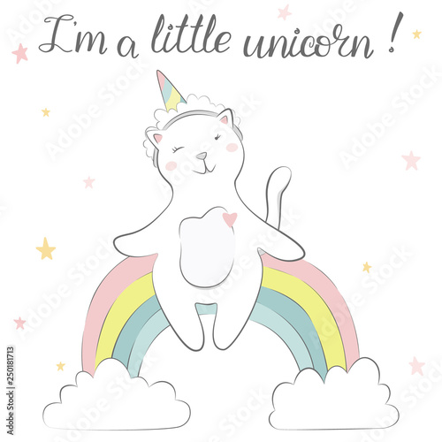 Cute kitty unicorn. Little cat girl sitting on the rainbow.