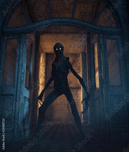 Schilderij op canvas Creepy monster in a haunted house,3d rendering