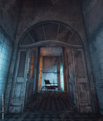 Photography 3d rendering of a wheelchair in haunted house or asylum