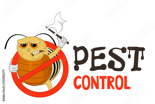 Funny vector illustration of pest control logo for fumigation business. Comic locked colorado potato beetle surrenders. Design for print, emblem, t-shirt, sticker, logotype, corporate identity, icon. 