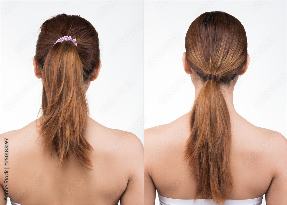 Asian Woman after applying make up hair style. no retouch, fresh face with  back view of brown hair head body part specific only. Studio lighting white  background, aesthetics therapy treatment Stock Photo |
