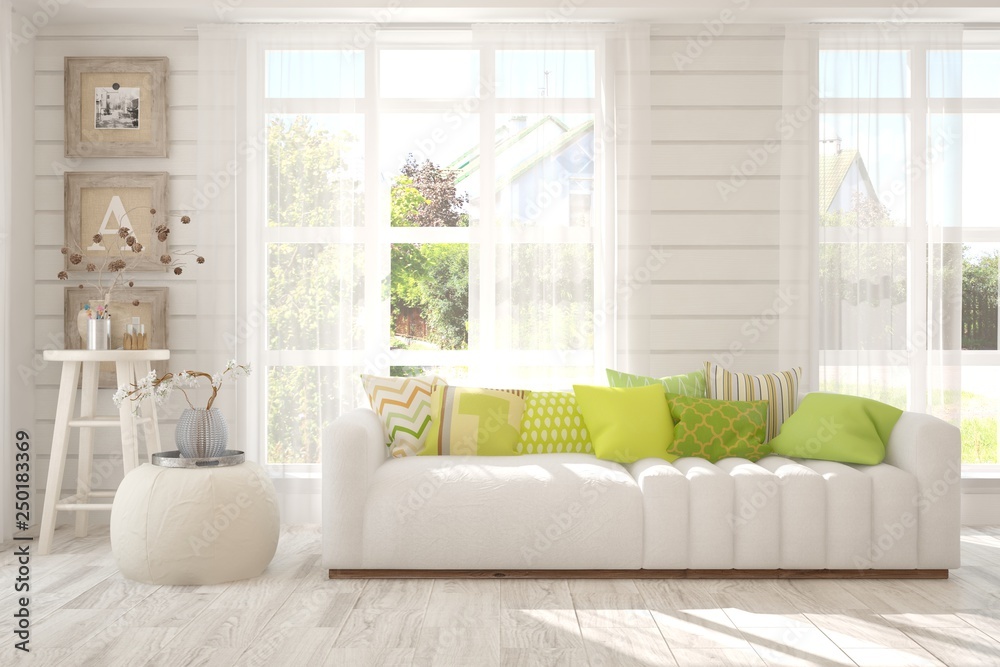 Fototapeta premium White stylish minimalist room with sofa and summer landscape in window. Scandinavian interior design. 3D illustration