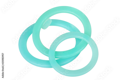 Green hydraulic and pneumatic o-ring seals isolated on white background. Rubber rings. Sealing gaskets for hydraulic joints. Rubber sealing rings for plumbing. 