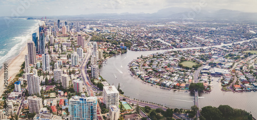 Aerial panorama of Gold Coast city and Nerang river in Queensland, Australia